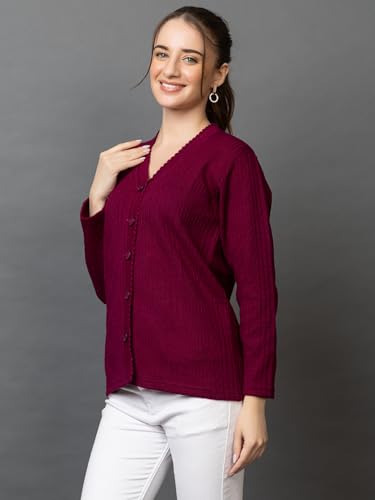 Image of Wear lusso Women's Woolen V-Neck Buttoned Full Sleeve Cardigan Self Design Soft Wool Fabric Winter Wear Pure Wool Sweater with Pockets Stylish Outdoor and Office Wear Girls