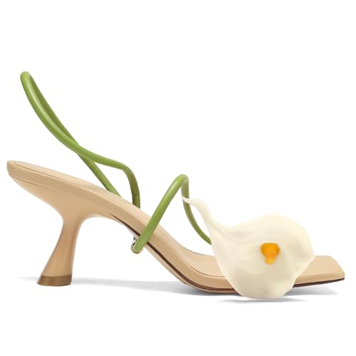 Flower Kitten Heels for Women Open Square Toe Floral Low Kitty Heels Sexy Strappy Wedding Dressy Heeled Sandals