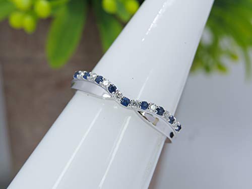 14K Solid Gold Round Cut Blue Sapphire & White Diamond Anniversary Wedding Stackable Contour Guard Band3