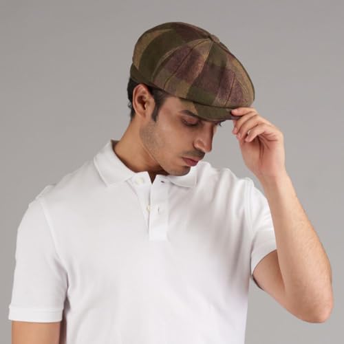 Image of The Tie Hub Wool Flat Cap for Men, Premium Wool Warmth, Vintage Baker's Boy Silhouette, Distinctive Checked Pattern, Green, M