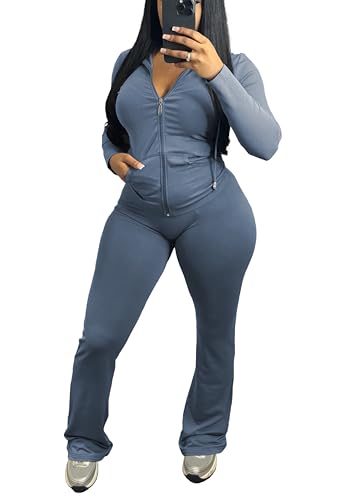 PINSV Women 2 Piece Outfits Workout Bodycon Tracksuit Long Sleeve Zip Up Hoodie Jacket Matching Flared Pants Sets2