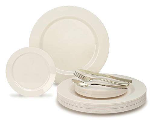 " OCCASIONS " 125pcs set (25 Guests)-Wedding Plastic Plates & cutlery -Disposable heavyweight Dinnerware 10.5'', 6.25'' + Gold Silverware (Plain Ivory)