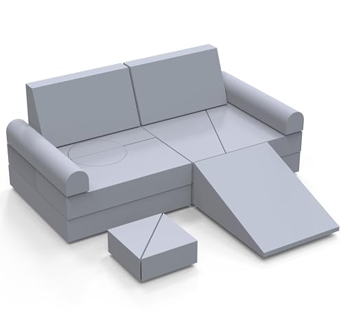 NATURE'S SOURCE 15 Modular Pieces Toddler Couch, Kids Sofa Bed, Convertible Foam Play Couch for Boys & Girls, Bedroom Playroom, Grey