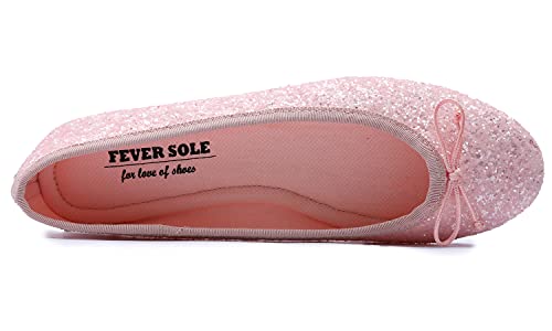 Feversole Round Glitter Ballerina, Damen Klassische Ballerinas Profilsohle Glänzende Ballerina Flach Glänzende Baby Rosa 39