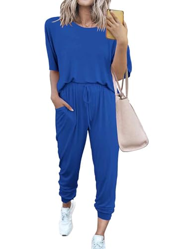 Image of PRETTYGARDEN Women's Two Piece Outfit Short Sleeve Pullover with Drawstring Long Pants Tracksuit Jogger Set