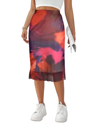 Avanova Women Boho Floral Mesh Midi Skirt Bodycon High Wasited Lettuce Trim Skirt