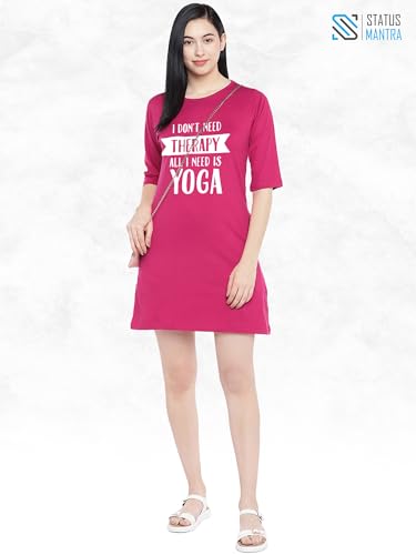 Image of STATUS MANTRA Women's Long T-Shirt Dress - Cotton Casual Knee Length Dress with 3 /4 Sleeves | Soft Bio-Washed Fabric, Crew Neck, Relaxed Fit | Comfy Summer Lounge Wear