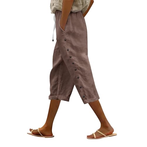 Pantaloni Donna Estivi Larghi Comodi Cotone e Lino Pinocchietti Elegante Leggeri 3/4 Con Tasca Cropped Bermuda Capri Vita Alta Casual Tuta Sportivi Coulisse Regolabile Pantalone Dritta Estivo Jogger