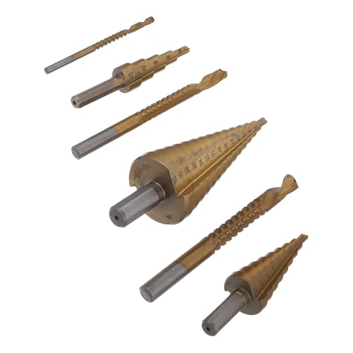 FRCOLOR 6pcs Titanium Step Drill Bit Set 4-12mm/4-20mm/4-32mm with 3/6/8mm Spiral Countersink Bits for Metal Woodworking Chamfering Industrial Drilling Tools