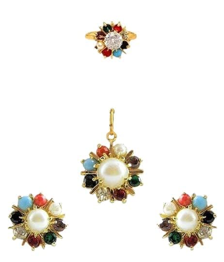 Bhumi Creation Fashions Pure AD Nine Rattan with earrings and rings Pendant set for Women and girls Multi Color Pendant set - B(Pack of 1)-1 (B0CM9NYS1W) Amazon Price History, Amazon Price Tracker