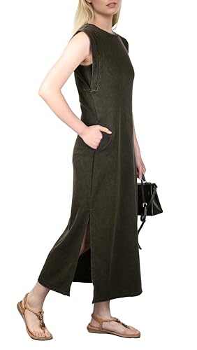 Image of GRECERELLE 2026 Women Year-Round Casual Round Neck Loose Split Wrinkle-Free Long Maxi Vacation Dress with Pockets (XXS-4XL)