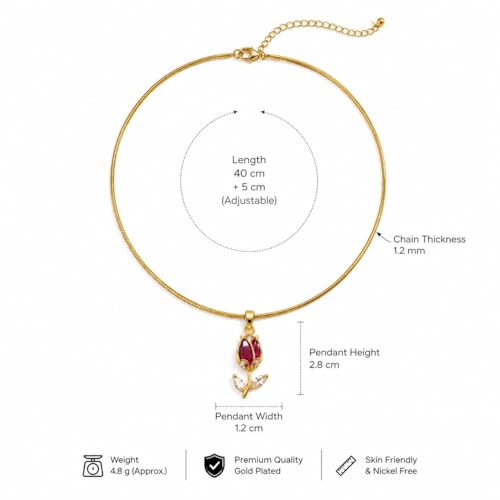 Image of Gold Plated Red Tulip Pendant Necklace for Women | Floral Rose Design with Red Crystal Stone | Adjustable Snake Chain Lightweight Elegant Jewelry for Daily Wear Party Wedding & Gift