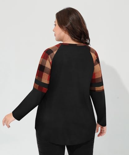 Image of CARCOS Plus Size Tops for Women Long Sleeve Fall Tunic Color Block Camo /Plaid /Leopard /Fall Blouse Crewneck Tshirt XL-5XL