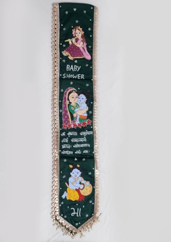 Image of Hand Painted Baby Shower Dupatta | Premium Jam Satin Fabric Soft & Elegant | Baby Shower Special Dark Green Lord Krishna Theme Dupatta Hand Painted Sanskrit Mantra, Decorative Golden Border