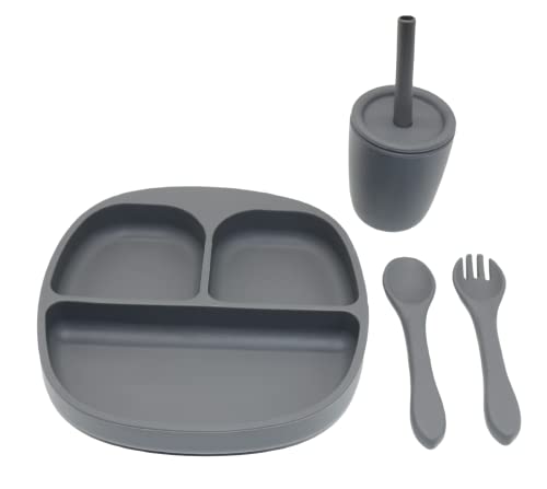 Image of WebDeals 2 You Silicone Feeding Set for Baby or Toddler Suction Plate With Cup Fork Spoon Toddler Plate Baby Cup Baby Plate Baby Fork and Spoon (Charcoal)