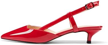 Tanaoen Women's Slingback Patent Leather Pointed Toe Strap Kitten Low Heel Pumps Shoes 1.5 Inch Red 10 | Image 1