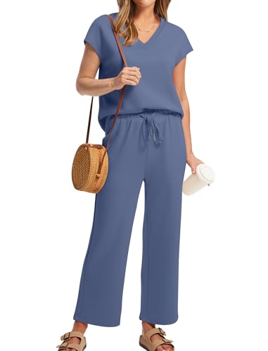 Image of Saloogoe Two Piece Sets for Women Summer Outfits Lounge Sets V Neck Tops Wide Leg Pants Woman Vacation Travel Outfits