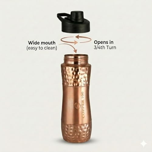 Image of VIRGIN Foodgrade 99.9% Pure Copper Water Bottle- Leakproof, Joint Free, No Lead, BPA-Free - Ayurvedic Health Benefits- Made in India - Spout Mouth (NO Straw) Hammered Glossy Finish (950 mL)