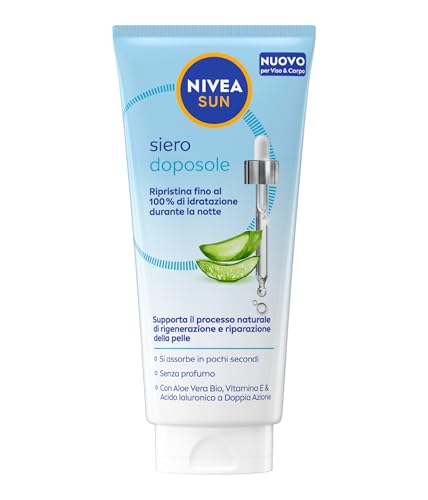 NIVEA SUN Siero Doposole 100 ml, Siero dopo sole idratante e rigenerante per viso e corpo, Aftersun con Aloe Vera Bio, Vitamina E e Acido Ialuronico, Assorbimento rapido, Senza profumo