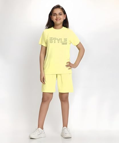 Image of KYDA KIDS Girls 100% Cotton Bio Washed Printed T-Shirt and Shorts Co-ords Clothing Set | Premium Soft & Breathable Summer Casual Comfort Outfit for Girls