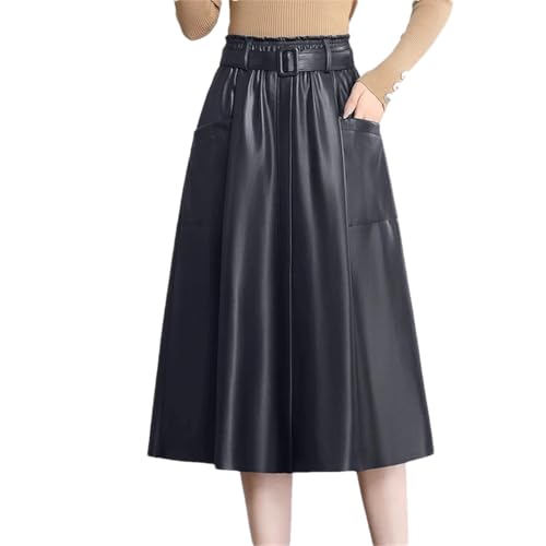 Women Leather Skirt Stretch Waist A-Line Loose Long Skirt with Pocket Casual Skirts
