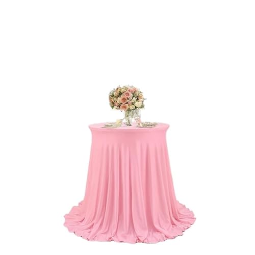 Jupe de table ronde extensible rose pour masquer et sublimer un mange-debout