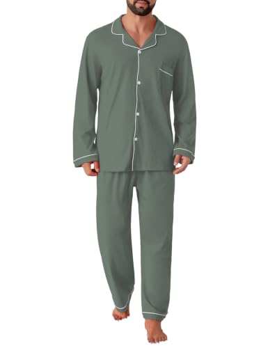 Image of QZH.DUAO Mens Pajama Set 100% Cotton Long Sleeve Button Down PJs