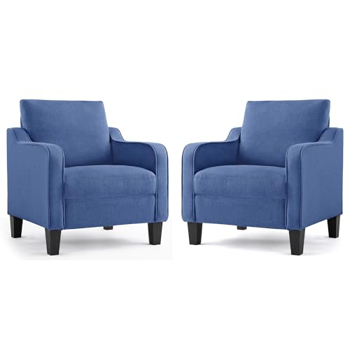 Image of Mid-Century Modern Accent Chairs Set of 2, Living Room Chairs, Comfy Reading Armchair, Upholstered Small Sofa Chair for Bedroom, Office, Blue