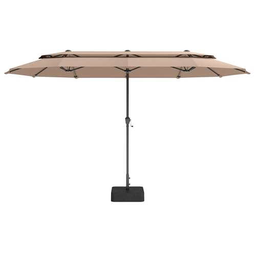 PHI VILLA 3.8x2m Double Garden Parasol with Base 2-Tier Waterproof Outdoor Umbrella UV50+ Protection for Patio Garden with Crank Beige
