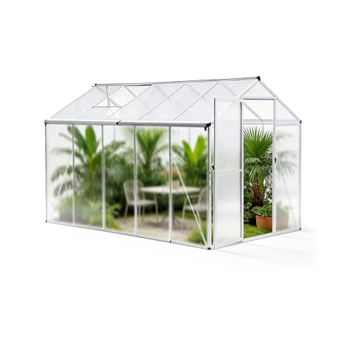 Image of Euboer 6 x 10ft Aluminium Greenhouse for the Garden, Walk-In Green House with Door and Window, Garden Green House with Aluminium Frame and Foundation, White