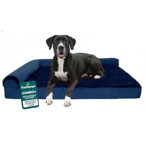 Image of Furhaven Orthopedic Dog Bed for Large Dogs w / Removable Bolsters & Washable Cover, For Dogs Up to 125 lbs - Plush & Velvet L Shaped Chaise - Deep Sapphire, Jumbo Plus /XXL