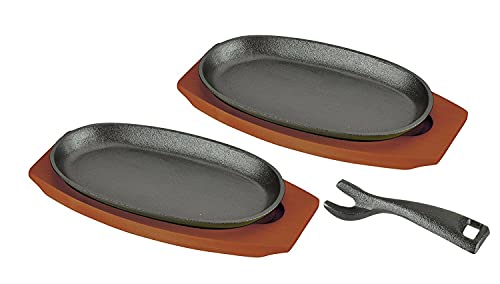 JapanBargain, Set of 2 Cast Iron Sizzling Plates with Wooden Bases – Steak & Fajita Serving Platters – Pre-Seasoned Grill, Oven, Induction Safe – 9.5" x 5.5" Plates, Home or Restaurant Use