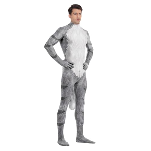 Image of Animal Full Bodysuit for Men Muscle Spandex Jumpsuit Furry Costume with Big Tail for Adult Cosplay Halloween Party