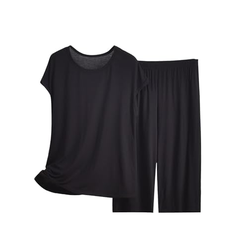Conjunto de pijama modal de 2 piezas para mujer, manga casquillo, cuello redondo, pantalones capri de pierna ancha, color liso, ajuste holgado, talla grande, ropa de dormir de verano para uso diario