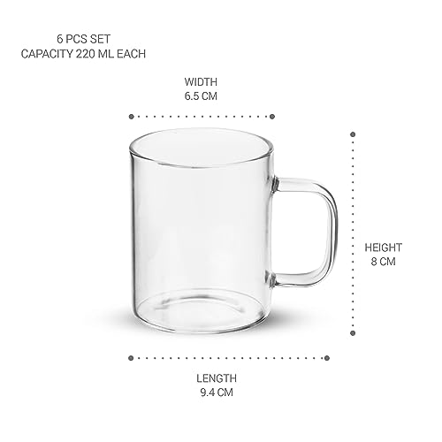 Image of Treo by Milton Borosilicate Vista Glass Tea Mug Set of 6, 220 ml Each, Transparent | Glass Tea Cups | Coffee Mug | Milk | Hot Chocolate | Latte | Cappuccino | Mocha | Espresso