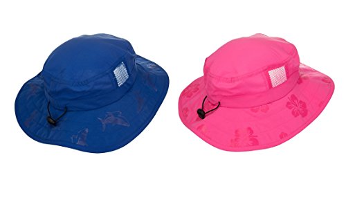 Kids' UPF 50+ Safari Sun Hat, Pink And Blue Flowers, Uv Sun Protective, Lightweight, Straps Selection (2 Pack Pink and Blue (One Each))