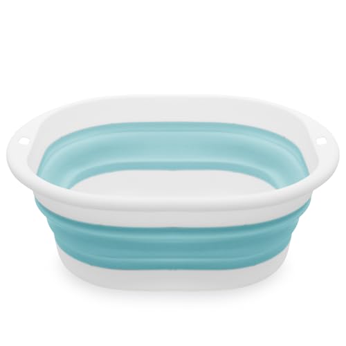 MultiValue Barreño Plegable Colada, Plásticos Barreño Plegable Ahorro de Espacio Lavabo Portátil con Orificios para Colgar Lavavajillas Plegable para baño Cocina Viaje (Azul-Blanco, L)