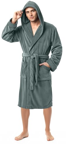 NY Threads Mens Dressing Gowns Fleece Fluffy Hooded Bathrobe Men Warm Luxury Housecoat and Nightgown X-Large Steel Grey