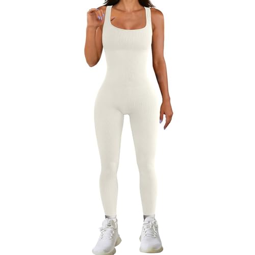 Risipu Bodycon Jumpsuit for Women UK, Sleeveless Square Neck Black Jumpsuit, Seamless Ribbed Stretchy Romper for Fitness Yoga Workout (White, XL)