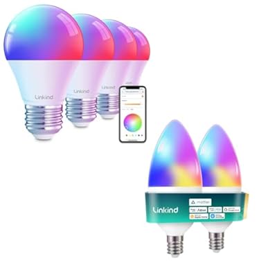 Linkind Matter E12 Smart Light Bulb 470lm RGBTW 2Pack Bundle Color Changing Smart Light Bulbs A19 4 Pack, Compatible with Alexa & Google Home