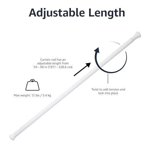 Image of Amazon Basics No Drilling Spring Tension Curtain Rod, Easy to Install, Adjustable 54-90 inch Width, Sturdy, White, Classic Finial