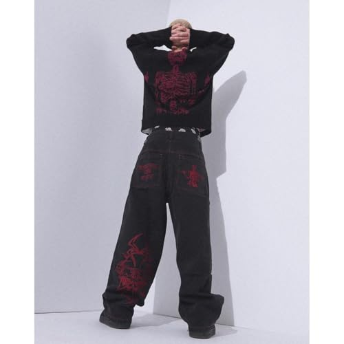 Y2K Jeans Men's Hip Hop Vintage Skull Embroidery Wash Denim Pants Gothic Straight Tube Loose Wide Leg Skateboard Trousers3