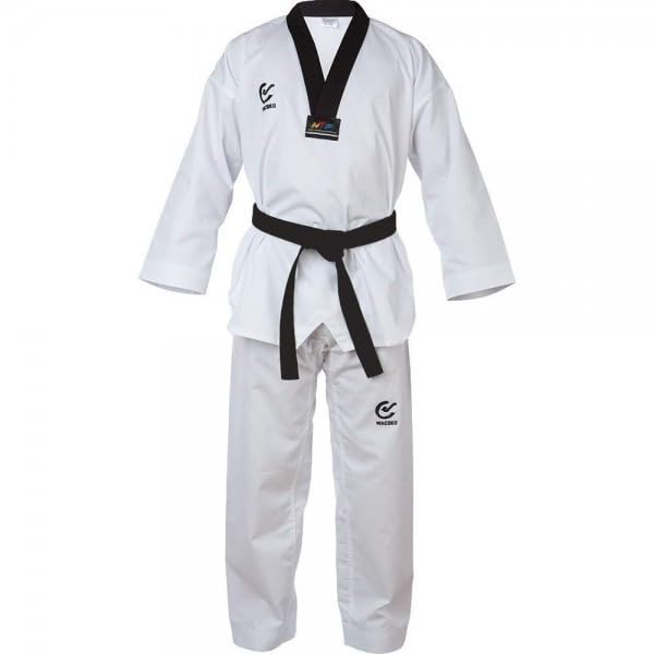 Wacoku World Taekwondo WT-zugelassener Taekwondo-Anzug, schwarzer Gürtel, V-Ausschnitt, geriffelt
