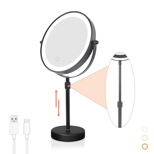 Nicesail LED Lighted Makeup Mirror Tabletop, 10X Magnifying Mirror with 3 Color Lights, Brightness Adjustable Height Adjustable, Double Sided Mirror in Black(8 Inch, 10X)