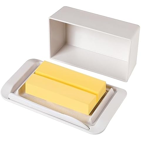 ECOWAY Bamboo Butter Dish with Lid and Knife, Large Butter Keeper for Countertop and Fridge, Holder Container for 2 Sticks East Coast/West Coast/European Style/Kerrygold Butter, Dishwasher Safe, White Cover