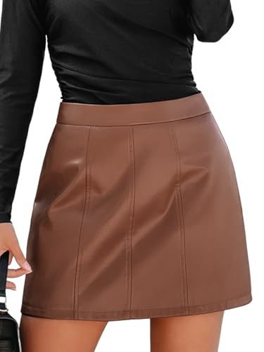 CUPSHE Damen Minirock Kunstleder A-Linien Rock Modischer High Waist Rock, Braun, L