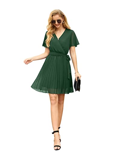Grecerelle Casual Spring Dresses For Women Flounce Short Sleeve Wrap Dress V-Neck Mini Dress Blackish Green(Large, Blackish Green) #TOP1
