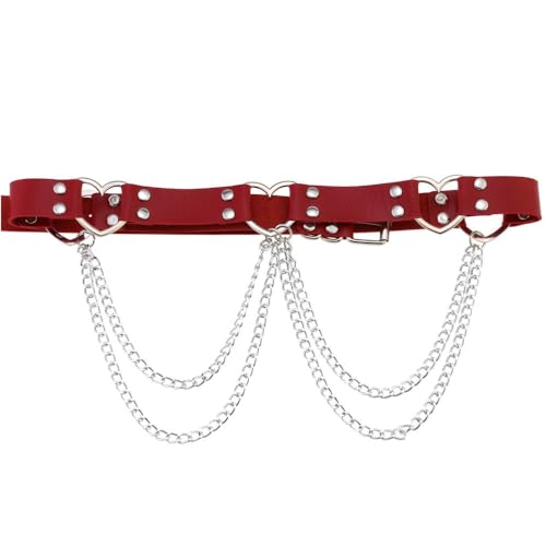 Multicolor Genuine Leather Belt, Rivets and Heart Ring Chain Waist Belt