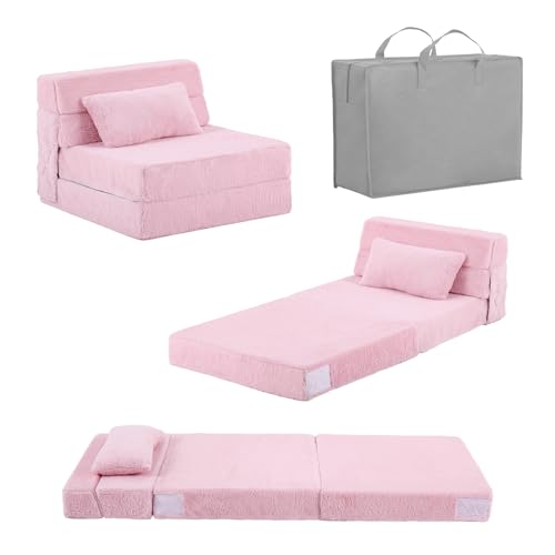 SESHINELL Kids Sofa Bed, Convertible Toddler Chair Bed, Folding Couch for Playroom, Bedroom or Living Room, Fold Up Modular Floor Futon Mattress Sofa for Boys & Girls, Plush Pink
