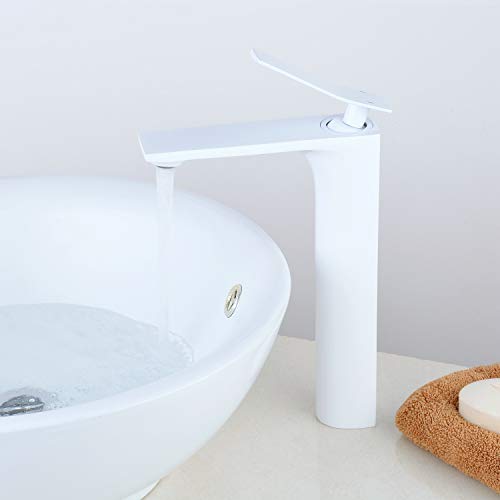 White Finish Bathroom Vessel Sink Faucet 1 Handle Single Hole Deck Mount Lavatory Elegant Coutertop Tall Tap Modern Leekayer